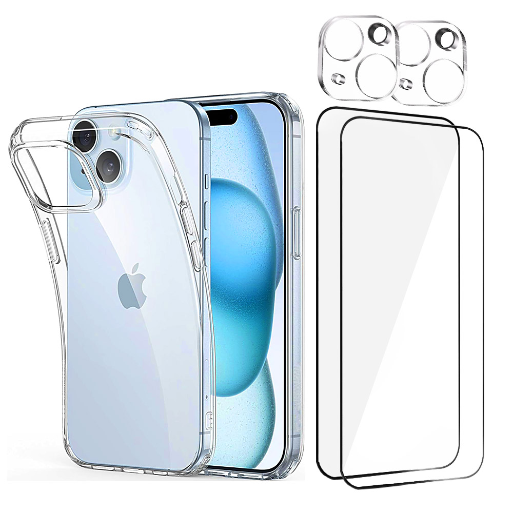 Tempered Glass Screen Protector with Case Clear for iPhone 15 6.1" + Case Clear, 2 Glass Screen Protectors, 2 Camera Lens Protectors, Installation Frames, Scratch-Resistant